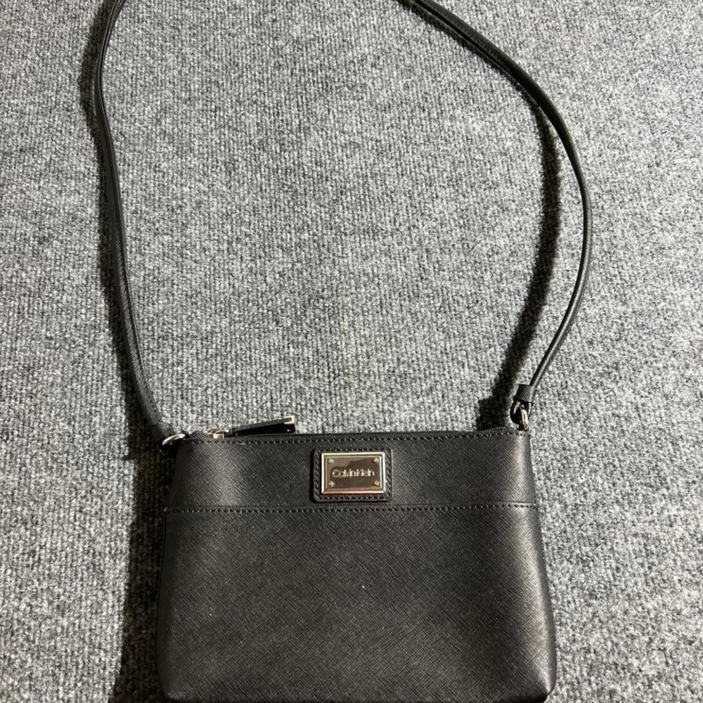 Calvin Klein Crossbody Bag Black Saffiano Faux Leather Small Handbag Silver Logo